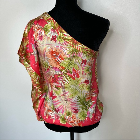 Cache Vibrant Floral One-Shoulder Blouse Birds Butterfly Medium Satin - Picture 3 of 13